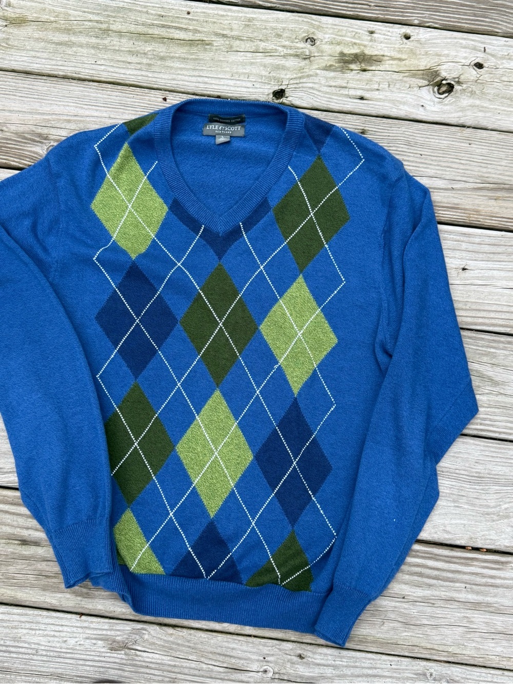 Lyle & Scott Blue V-Neck Argyle Sweater with Green Accents large